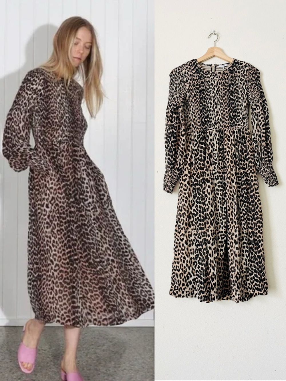 Ganni SIZE 36 animal leopard print Georgette smocked long sleeve midi dress